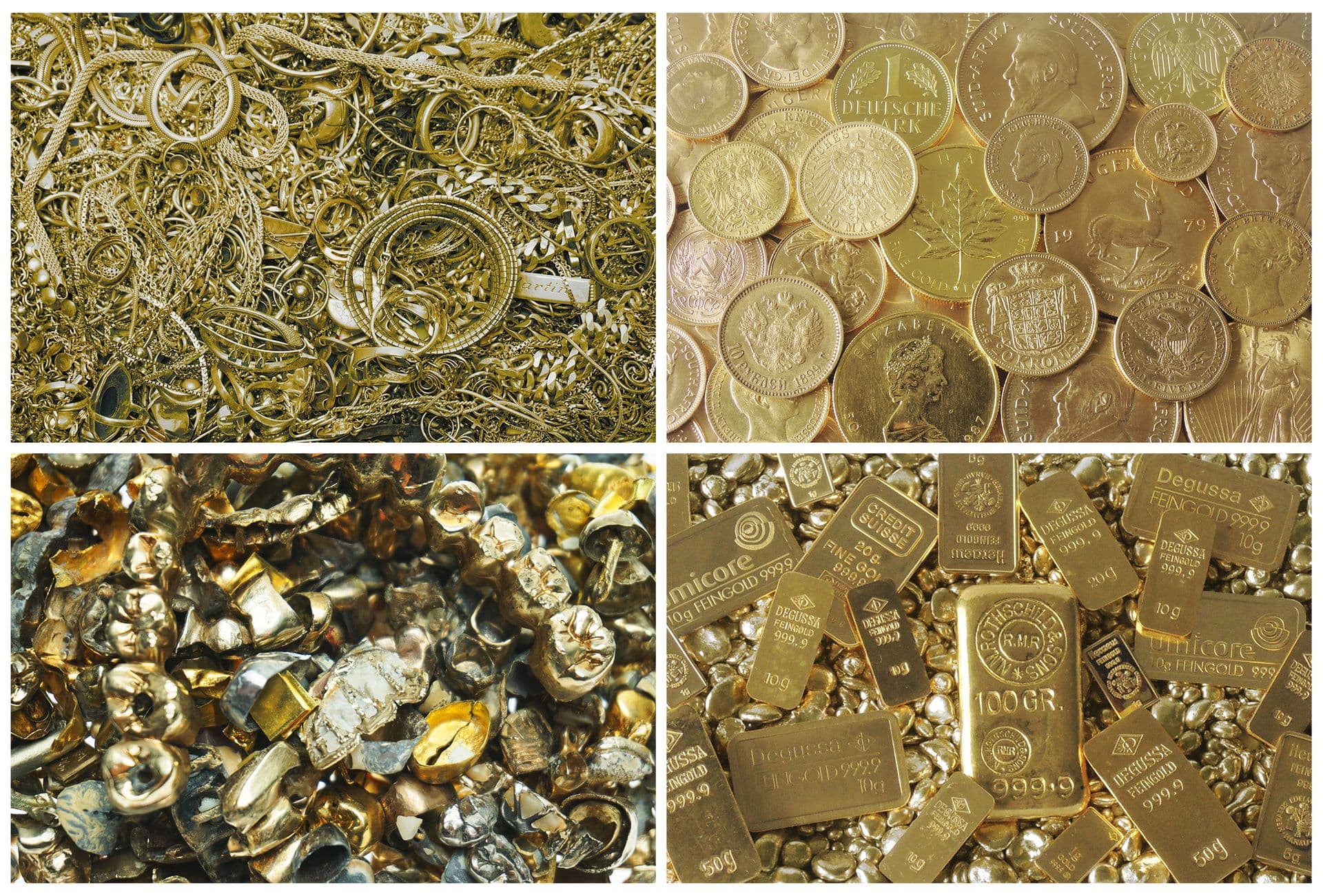 Collage für unseren Ankauf von Goldschmuck, Goldmünzen, Zahngold und Anlagegold