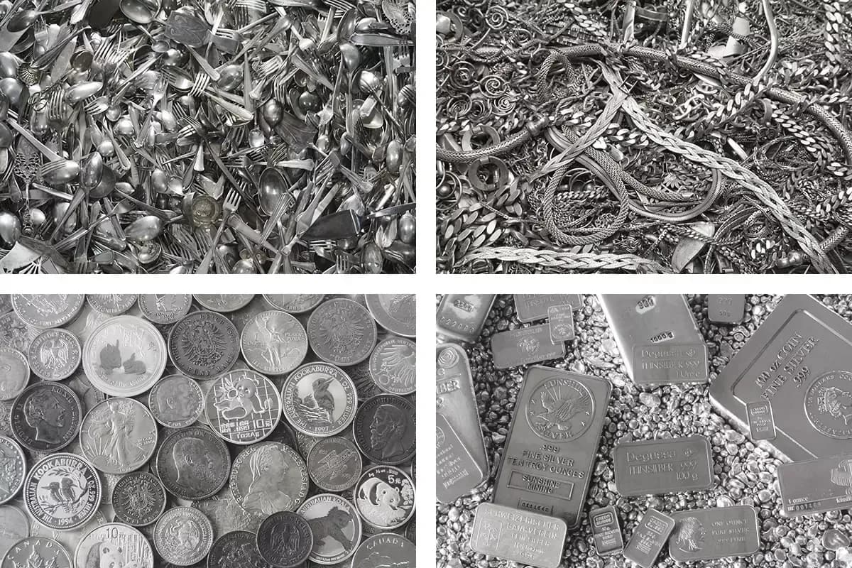Collage für unseren Ankauf von Silberbesteck, Silberschmuck, Silbermünzen und Anlagesilber